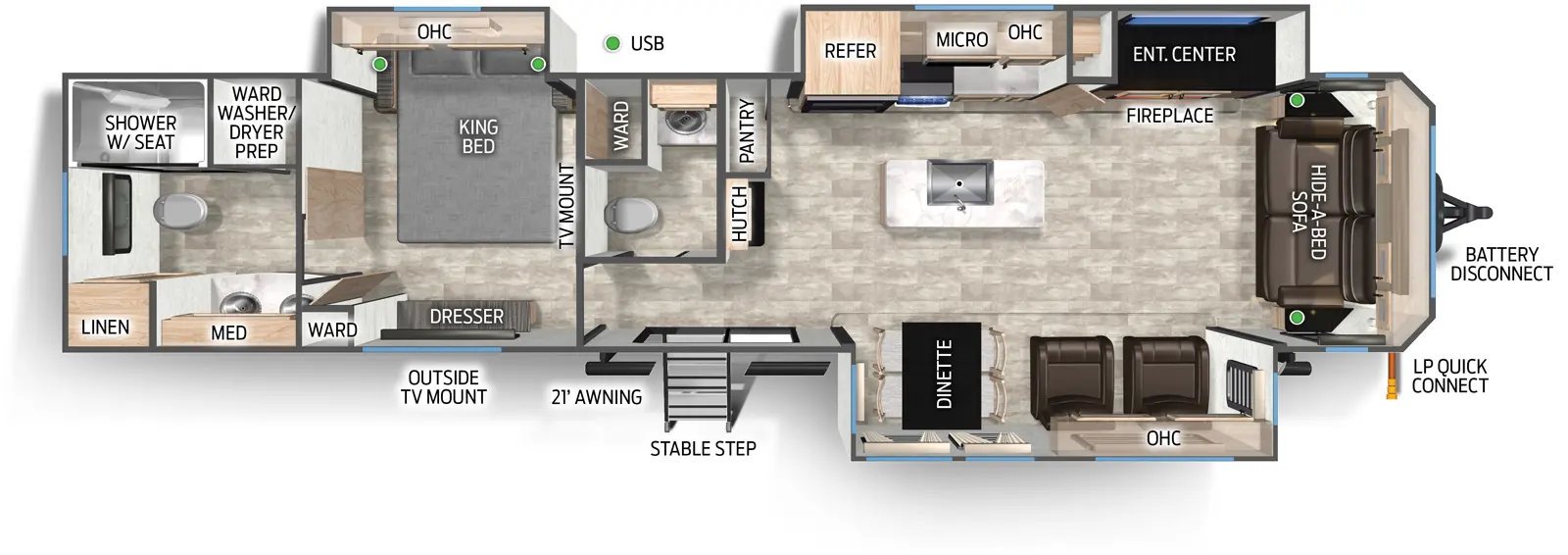 The Cherokee Black Label 39NABL floorplan has one entry and three slide outs. Exterior features include: fiberglass exterior and 21' awning. Interiors features include: kitchen island, free-standing dinette option, front living, rear bathroom and bathroom and a half.